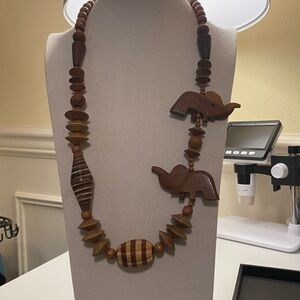 Handmade Wooden Elephant Bead Necklace in Natural Brown